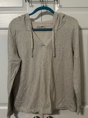 Eddie Bauer Gray & White Striped Hooded Long-Sleeve Top